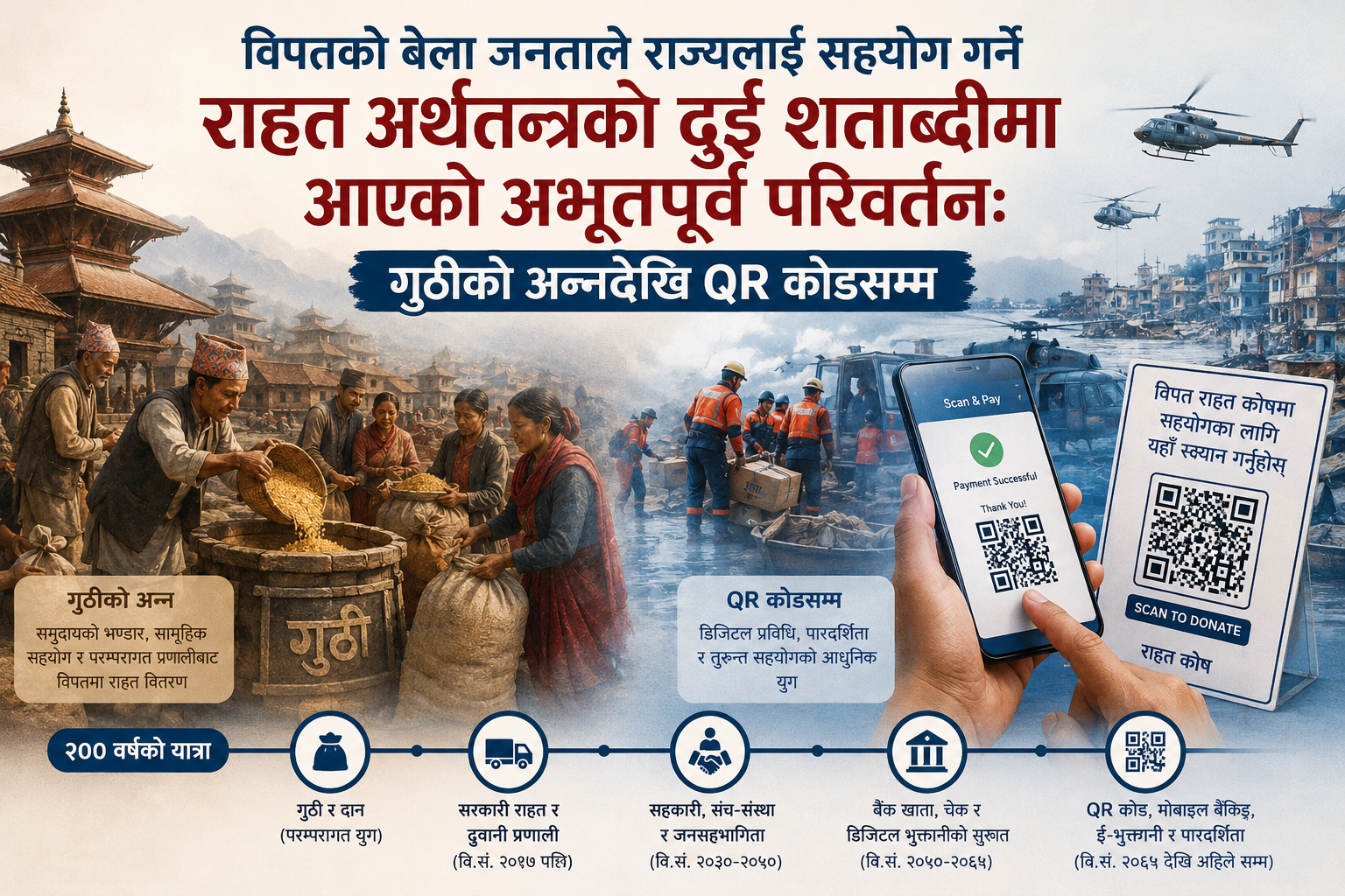 विपतको बेला जनताले राज्यलाई सहयोग गर्ने राहत अर्थतन्त्रको दुई शताब्दीमा आएको अभूतपूर्व परिवर्तन: गुठीको अन्नदेखि QR कोडसम्म
